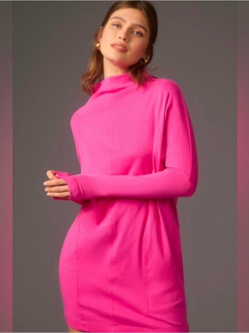 Anthropologie Hot Pink Mock Neck Mini Dress